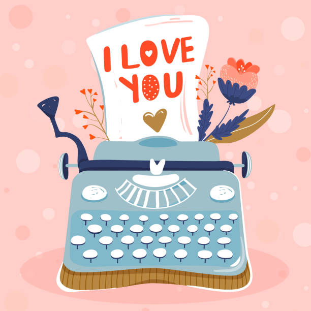 valentinstag-grußkarte. schreibmaschine mit blatt papier und blumen. - love letter stock-grafiken, -clipart, -cartoons und -symbole