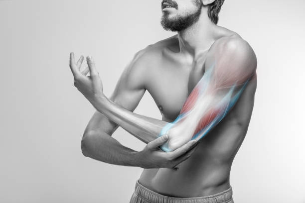Human arm pain, anatomy of human arm Studio shoot, man portrait isolated on neutral background Rotator Cuff Tear stock pictures, royalty-free photos & images