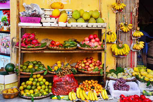 Colourful tropical fruits on a street market in Hanoi, Vietnam