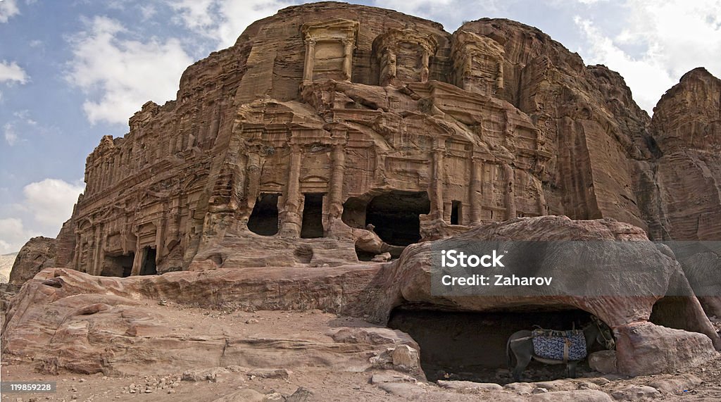 Panoramic shot of the Royal Tombs in Petra, Jordan.  Ancient Stock Photo