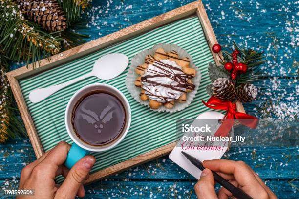 New Years Photo Of Tea With Image Of Omela Cake Stock Photo - Download Image Now - Cake, Christmas Cake, Cup