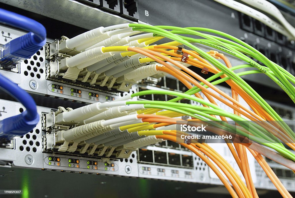 Optic cables connected to router ports  Accessibility Stock Photo