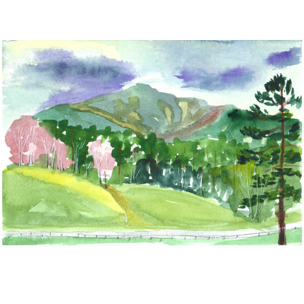 istock Watercolor sketch of the landscape with mountains and forest 1198596498