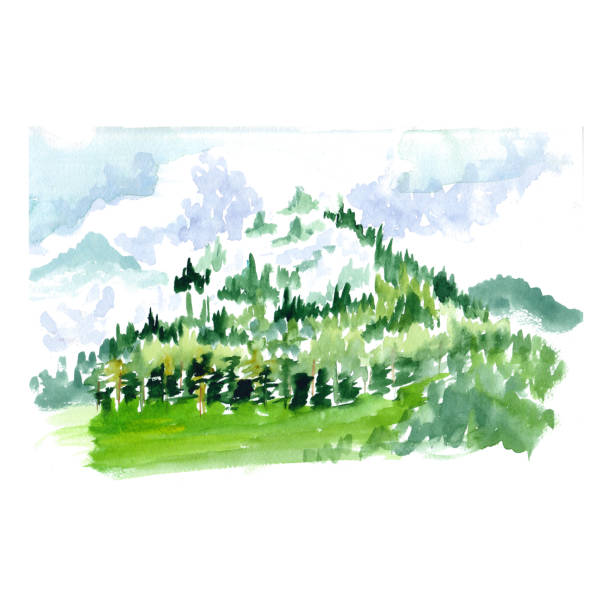 istock A watercolor sketch of a mountain landscape with a forest in the clouds. 1198596558