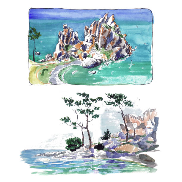 illustrazioni stock, clip art, cartoni animati e icone di tendenza di rocce d'acqua turchesi e lago + schizzo acquerello - tree reflection lake landscape