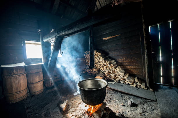Cauldron on bonfire in a wooden house, cooking cheese Cauldron on bonfire in a wooden house, cooking cheese cauldron photos stock pictures, royalty-free photos & images