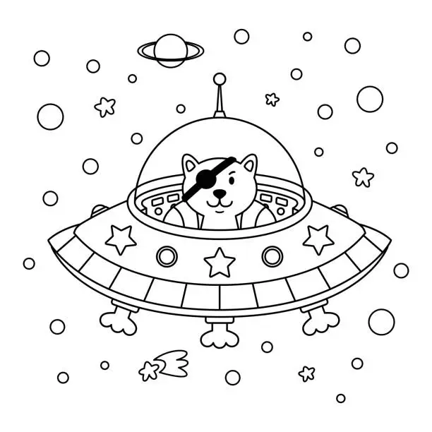 Vector illustration of Alien cat pirate in a spaceship in a star galaxy. Cute cosmonaut cat in outer space. Vector outline illustration on the space theme in childish style for coloring book and page.