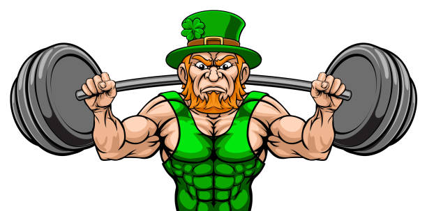 leprechaun maskottchen gewichtheber heben big barbell - weight training weight bench weightlifting men stock-grafiken, -clipart, -cartoons und -symbole