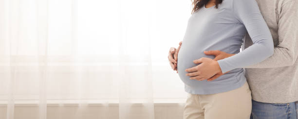 istock Loving man tenderly cuddling his wife's belly from behind 1198603163