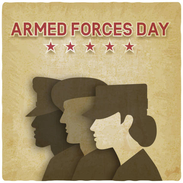 ilustraciones, imágenes clip art, dibujos animados e iconos de stock de tres soldados uniformados sobre fondo vintage. tarjeta de día de las fuerzas armadas - military uniform