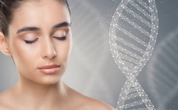 istock Pretty lady with closed eyes next to DNA chain 1198604505