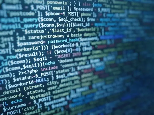 Photo of Software development by programmer. Abstract computer script code. Programming code screen of software developer
