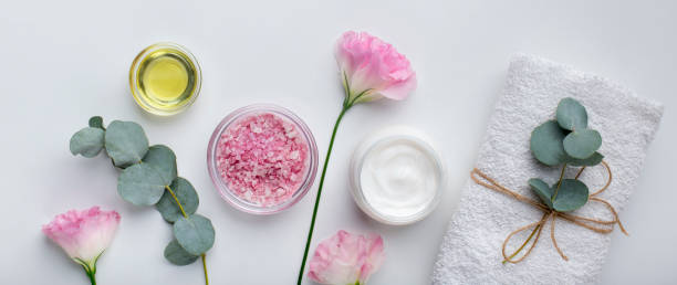 istock Moisturizing cream, essential oil and salt on white background 1198607155