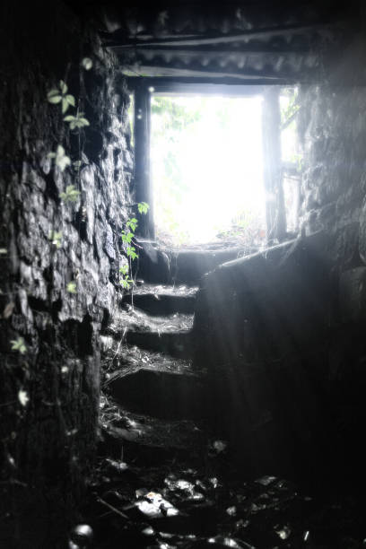 istock Old stone stairs to exit of underground cellar. Light at the end 1198609098
