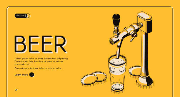 Beer tap isometric landing page, alcohol drink Beer tap isometric landing page, alcohol drink pouring from pub faucet with handle to empty glass on bar desk. Craft brew advertising poster on yellow background. 3d vector line art illustration beer pump stock illustrations