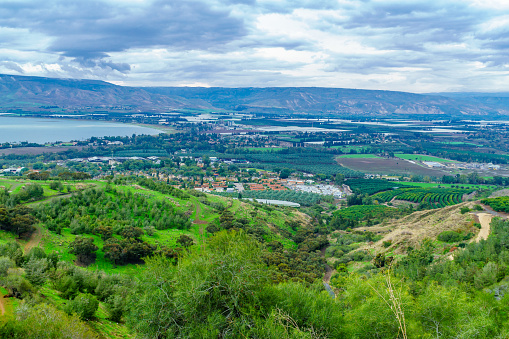 Landscape of the southern part of the Sea of Galilee, and the Jordan river valley, on a winter day. Northern Israel