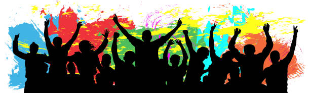 die menschen feiern silhouette. jubeln sie die jugend. crowd-freunde jubeln. bunte hintergrund-vektor-illustration - applauding human hand silhouette audience stock-grafiken, -clipart, -cartoons und -symbole