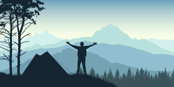 Traveler stands near a tent at sunrise. On the background of mountains and forests. Silhouette vector illustration Traveler stands near a tent at sunrise. On the background of mountains and forests. Silhouette vector illustration hiking backgrounds stock illustrations