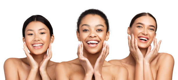 istock Three Diverse Girls Posing Touching Face, White Background, Panorama 1198615713