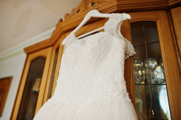 istock Elegant white wedding dress at bride morning. 1198616452