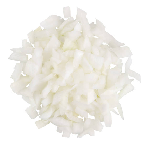 istock Heap of diced white onion. A set of three types. Isolate on a white background, top view. 1198618693