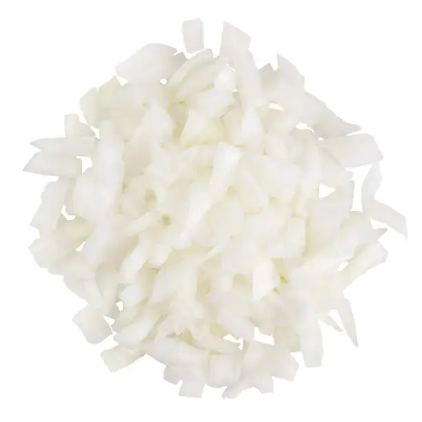 Photo of Heap of diced white onion. A set of three types. Isolate on a white background, top view.