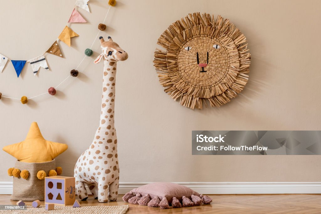 Stylish Scandinavian Interior Of Child Room With Natural Toys Hanging  Decoration Pillows Plush Animals Teddy Bears And Accessories Beige Walls  Interior Design Of Kid Room Template Copy Space Stock Photo - Download