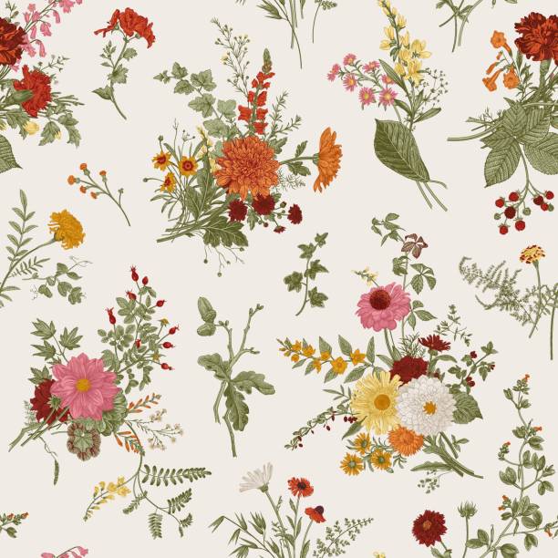 ilustraciones, imágenes clip art, dibujos animados e iconos de stock de patrón floral de otoño. - flower sweetpea pattern seamless