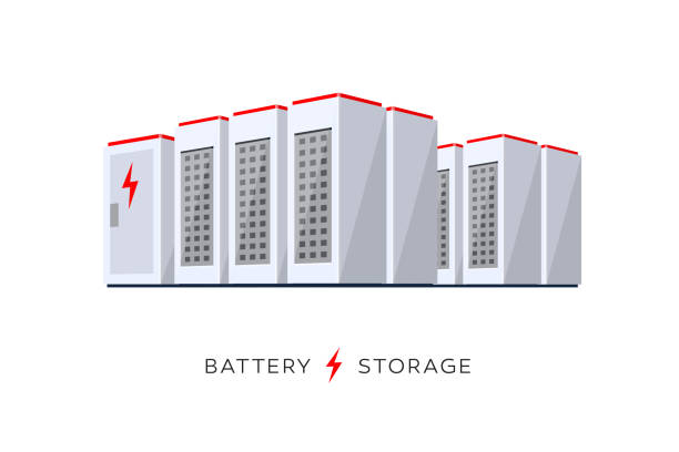 ilustraciones, imágenes clip art, dibujos animados e iconos de stock de sistema de almacenamiento de energía en la nube de batería inteligente aislado - ion