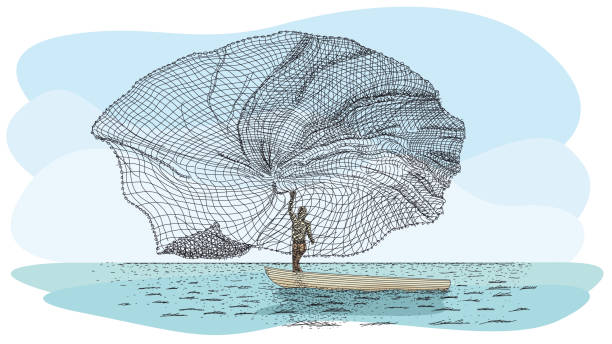 кустарная техника рыбалки в реке под названием atarraya - рыболовная сеть на испанском языке: силуэт человека на маленьком каноэ бросали рыболо - rowboat nautical vessel men cartoon stock illustrations