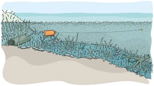 Vector illustration of Artisanal fishing technique in river called Bag: The technique is to tie the hook to a sack full of sand or stones that is sunk at the bottom of the river