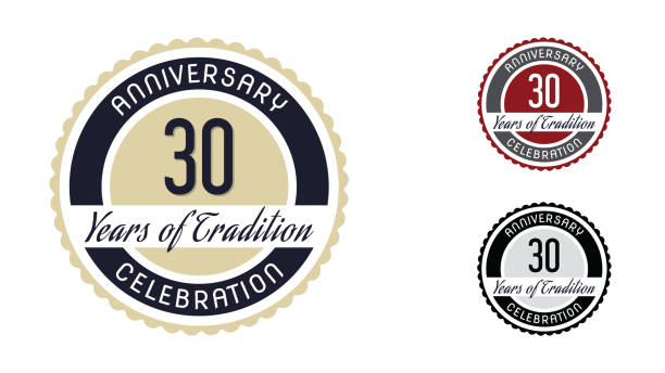Anniversary celebration emblem 30th years (thirty years) of Tradition. Set of Anniversary Celebration Badges. Anniversary celebration emblem 30th years. Vector illustration in modern flat style. 30th anniversary stock illustrations