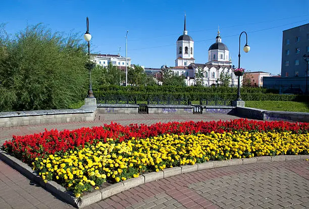 Square near embankment of the river Tom'. On background view Christian cathedral. Russia. Siberia.Tomsk.