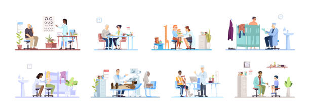 Visiting clinic flat vector illustrations set. Doctors, patients isolated cartoon characters on white background. Medical exam. Ophthalmologist, cardiologist, dermatologist, surgeon, pediatrician Visiting clinic flat vector illustrations set. Doctors, patients isolated cartoon characters on white background. Medical exam. Ophthalmologist, cardiologist, dermatologist, surgeon, pediatrician dermatologist stock illustrations