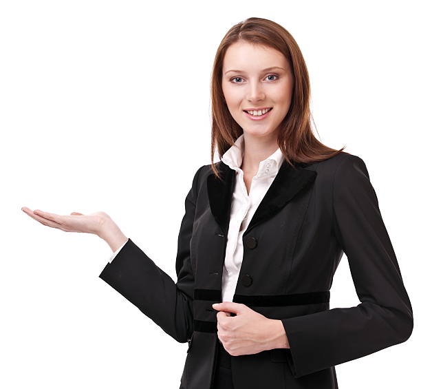 istock Young woman in business suit shows her empty palm. 119863175