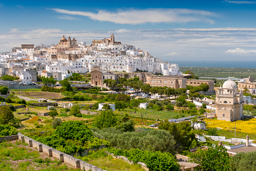 Panoramic view of the white city Ostuni, province of Brindisi, Apulia, Italy.