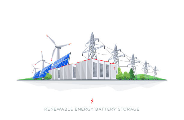 ilustrações, clipart, desenhos animados e ícones de energia solar renovável e energia eólica eletricidade bateria sistema de rede de armazenamento com linhas de energia - central europe illustrations
