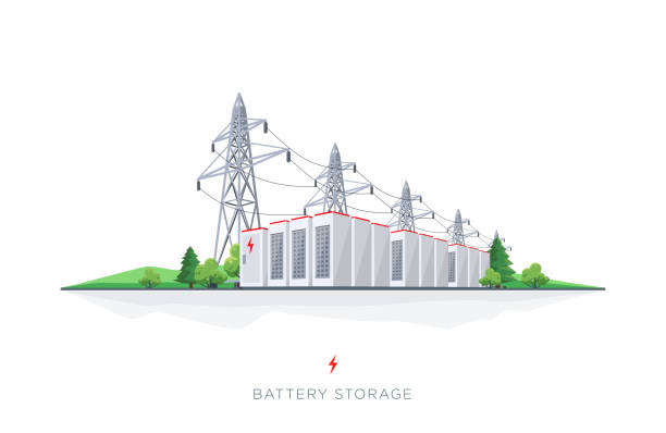 ilustrações, clipart, desenhos animados e ícones de sistema da grade de armazenamento da bateria da eletricidade da energia com linhas eléctricas - central de energia solar