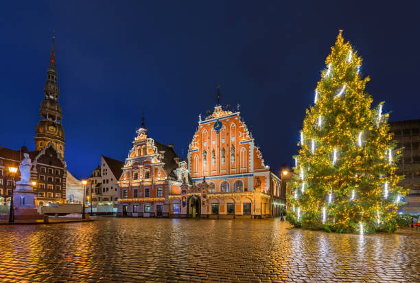 árvore de natal de riga no quadrado de townhall - riga baltic countries europe night - fotografias e filmes do acervo
