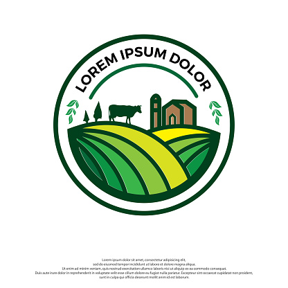 Farm House concept logo. Template with farm landscape. Label for natural farm products. colorful logo in white background.