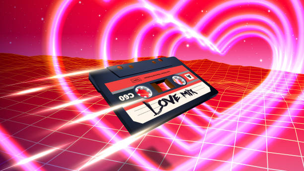 illustrazioni stock, clip art, cartoni animati e icone di tendenza di biglietto di san valentino astratto con paesaggio retrò in stile anni '80 e cassetta che svolazza attraverso cuori al neon incandescente in stile futuristico retrowave o synthwave - february three dimensional shape heart shape greeting