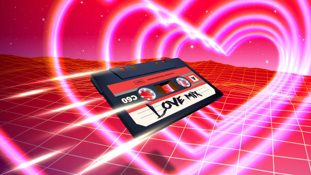 ilustrações de stock, clip art, desenhos animados e ícones de abstract valentine's day card with retro 80s styled landscape and cassette fying through glowing neon hearts in retrowave or synthwave futuristic style - february three dimensional shape heart shape greeting