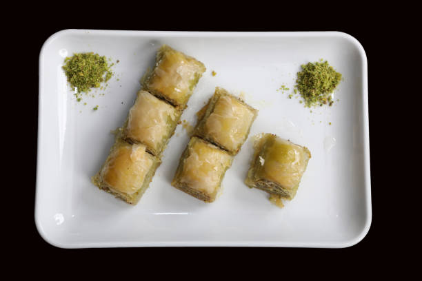 istock Baklava dessert in a white plate in black background 1198647651