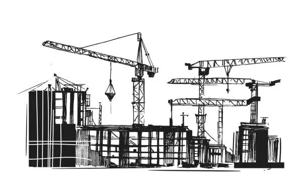 Vector illustration of Building construction. Sketch of industrial landscape. Hand drawn illustration converted to vector