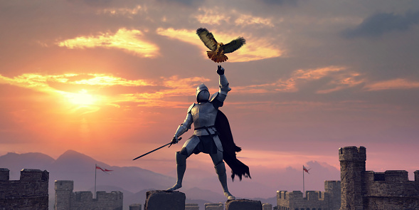 A knight wearing a full suit of armour and wearing a cape, stands on the highest point on a castle roof, holding up one arm outstretched to a hawk in mid air. The bird of prey is about to land on the knight fingers during a beautiful colourful sunset.