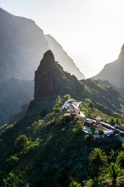 Spain, Tenerife, Cliffy, rocky green mountains of mountain village masca and canyon, aerial view above stock photo