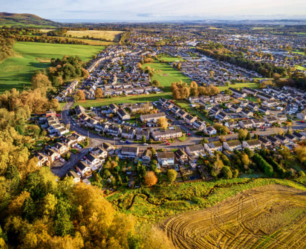 British town in autumn from the air An aerial view of the Scottish Midlothian town of Penicuik, taken in October. midlothian scotland stock pictures, royalty-free photos & images