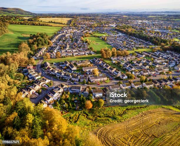 British Town In Autumn From The Air Stock Photo - Download Image Now - UK, Aerial View, Housing Development