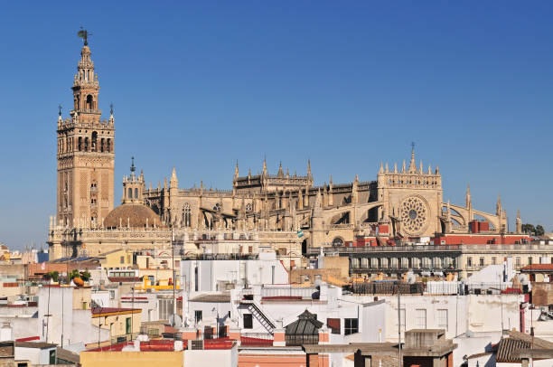 cityscape of seville with santa maria de la sede cathedral, andalusia, spain. - catedral de la encarnacion imagens e fotografias de stock