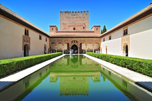 Spain, Andalusia, Granada, the Alhambra, classified as World Heritage by UNESCO, Patio de los Arrayanes (Court of the Myrtles).